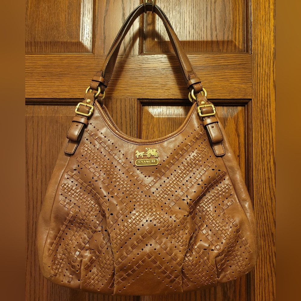 Coach Maggie 19839 Madison Criss Cross Brown Leather Shoulder Bag